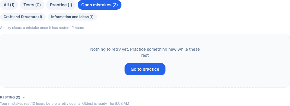 The review tab mistake list with a Ready to retry section holding three questions, a Retry these 3 button, and a note that a retry clears a mistake once it has rested 12 hours